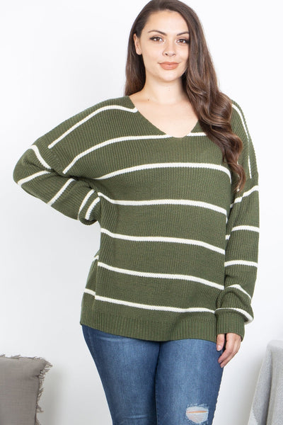 OLIVE/IVORY STRIPE PLUS SIZE SWEATER