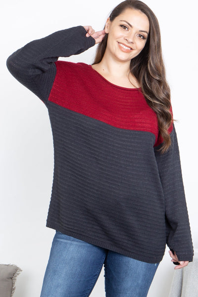 BURGUNDY CHARCOAL PLUS SIZE TEXTURED SWEATER