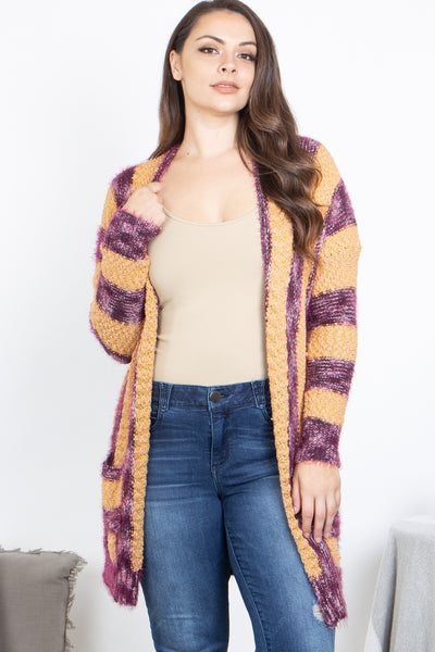 MUSTARD PLUM PLUS SIZE STRIPES CARDIGAN