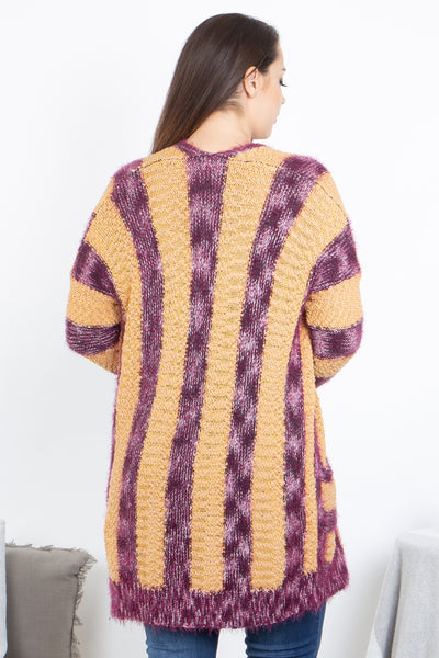 MUSTARD PLUM PLUS SIZE STRIPES CARDIGAN