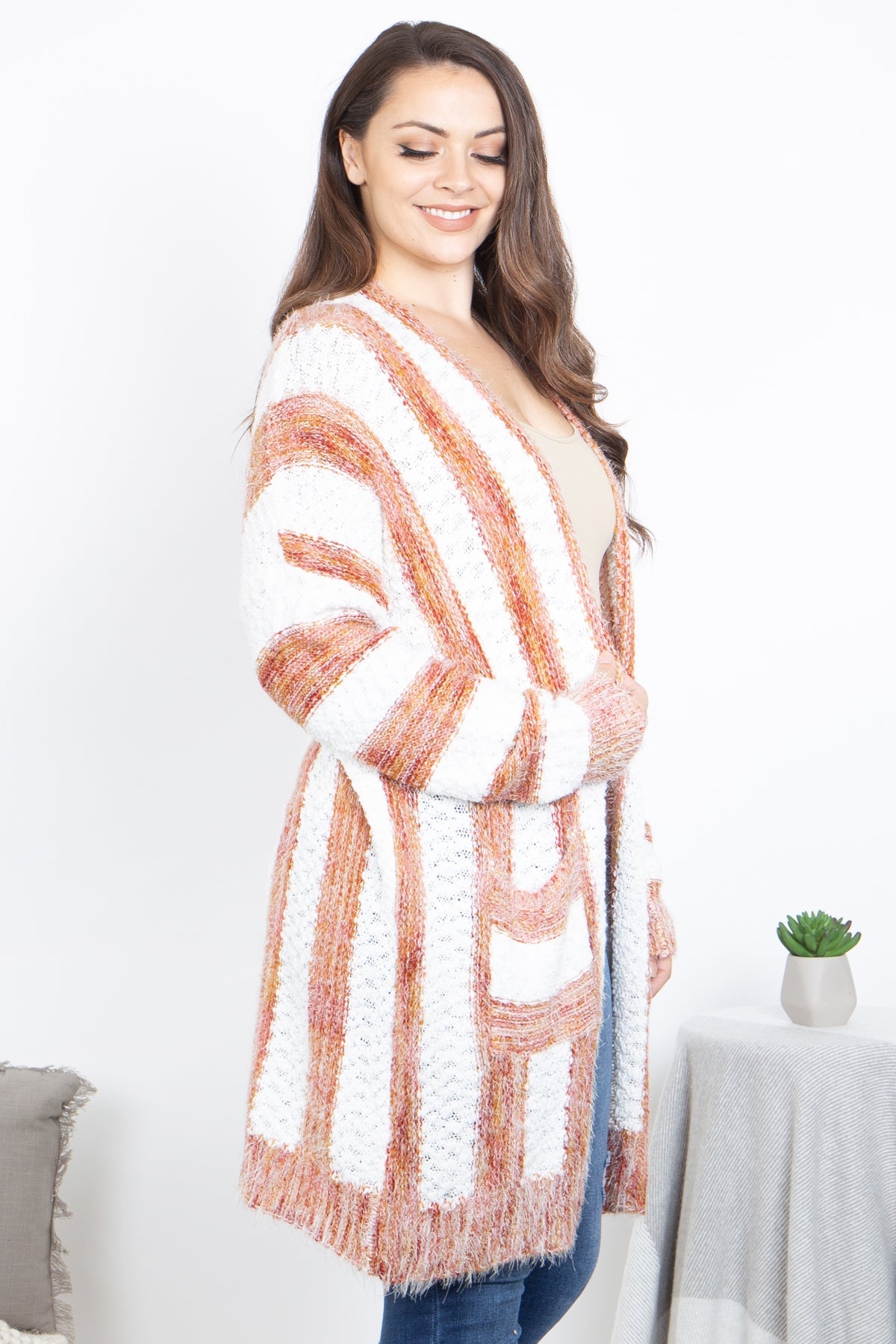 OFF WHITE RUST PLUM PLUS SIZE STRIPES CARDIGAN