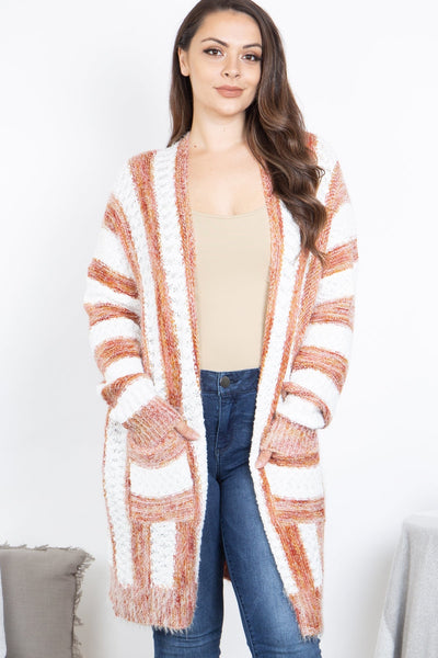 OFF WHITE RUST PLUM PLUS SIZE STRIPES CARDIGAN