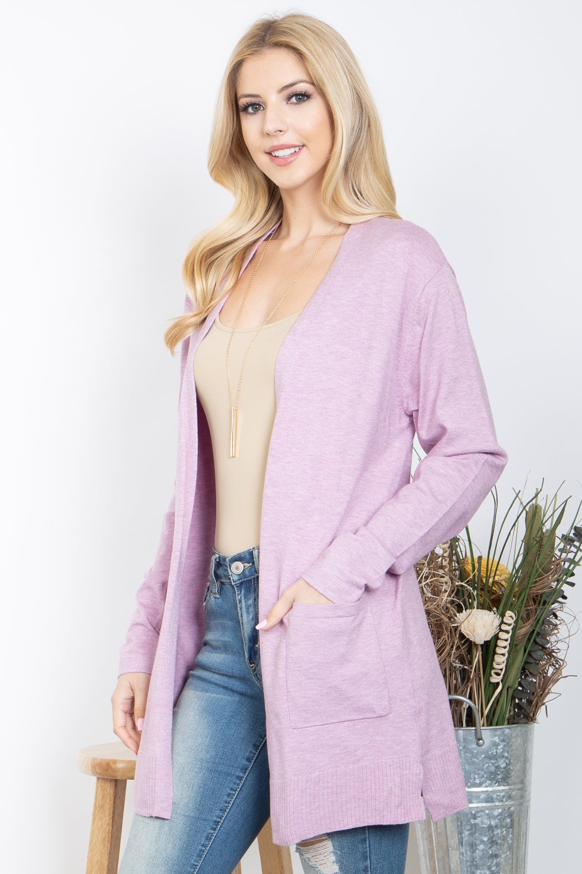 LAVENDER FRONT POCKET OPEN CARDIGAN