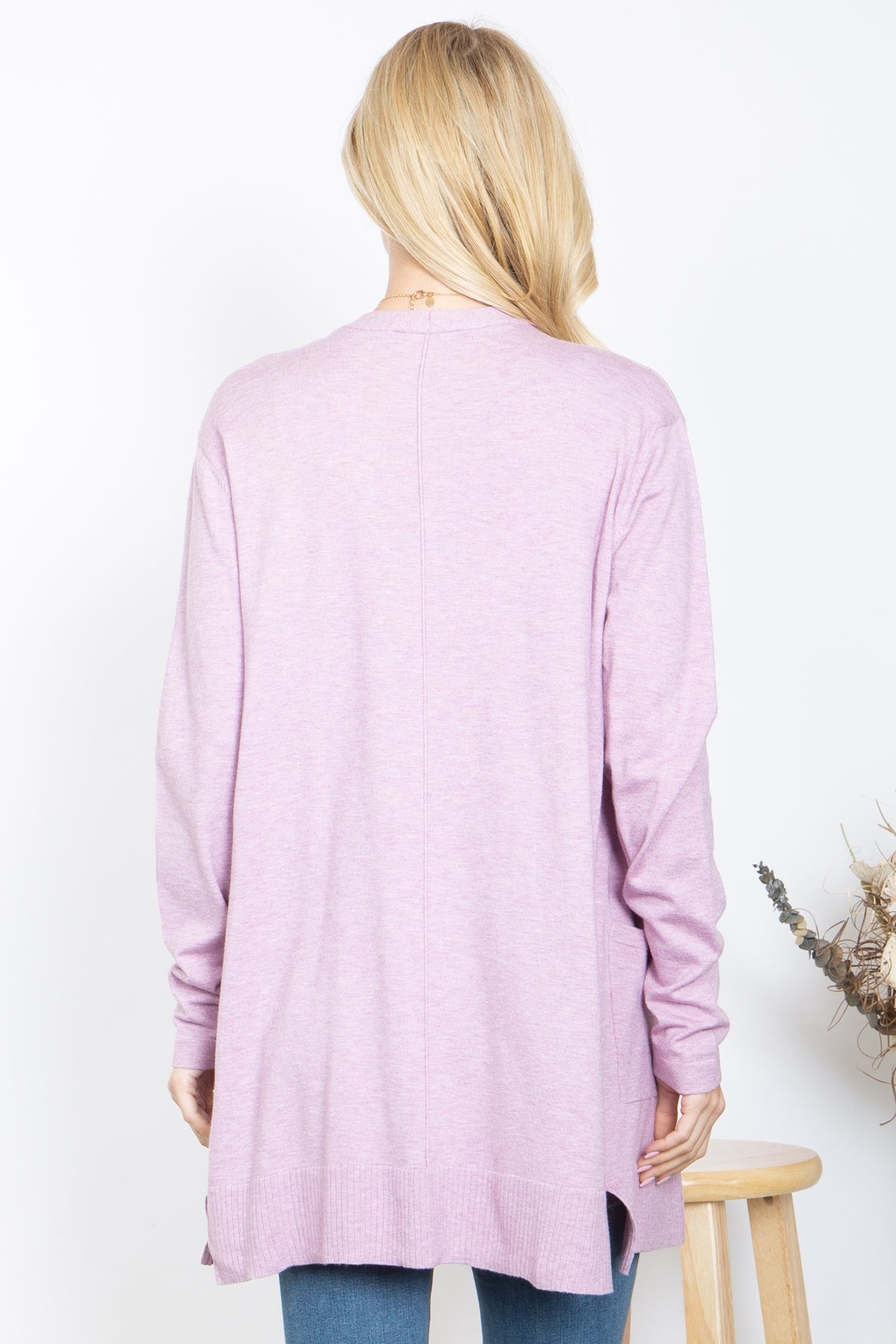 LAVENDER FRONT POCKET OPEN CARDIGAN