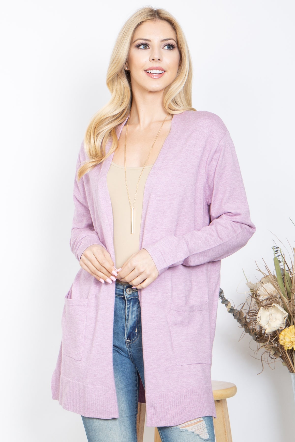 LAVENDER FRONT POCKET OPEN CARDIGAN