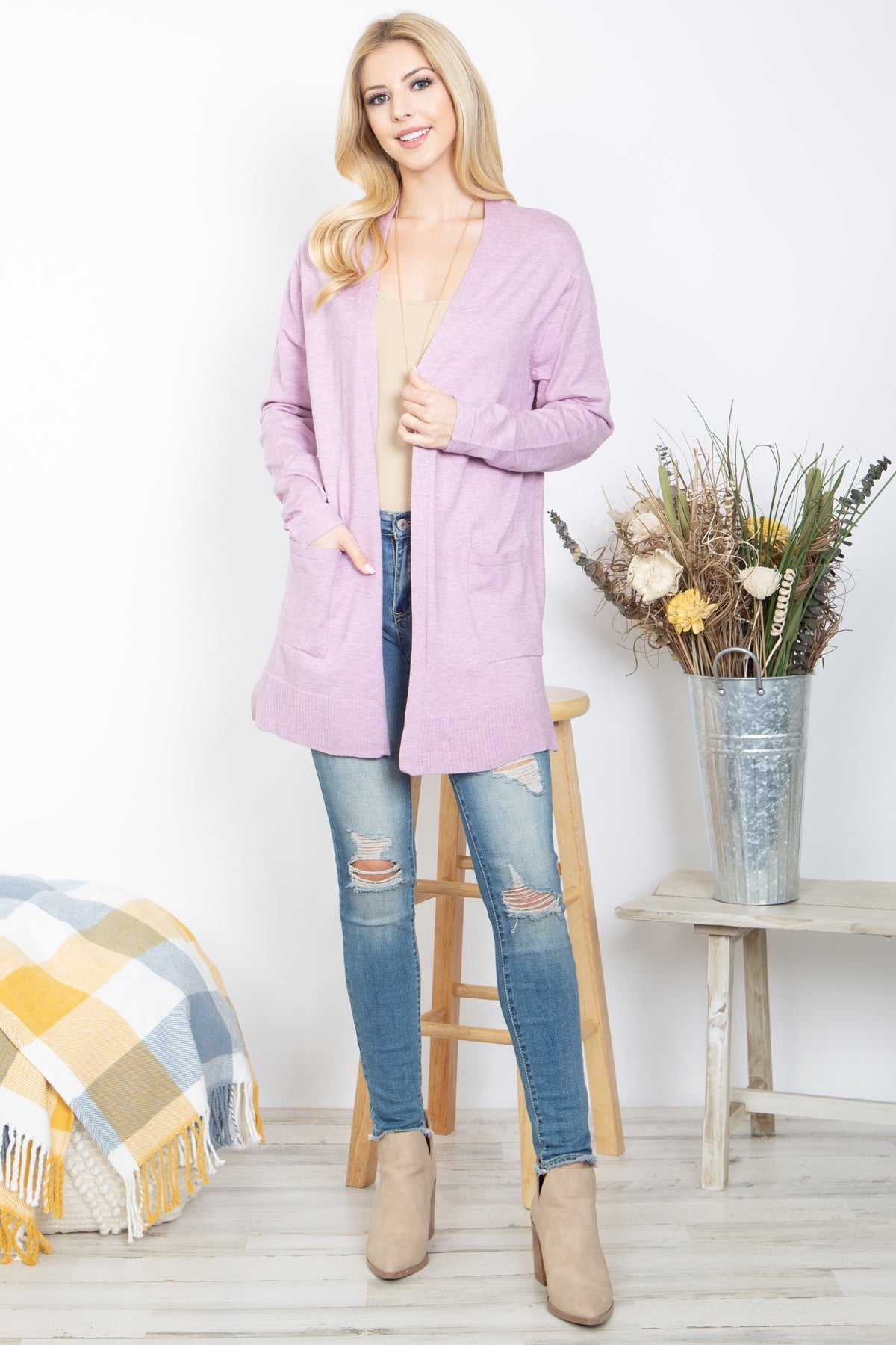 LAVENDER FRONT POCKET OPEN CARDIGAN