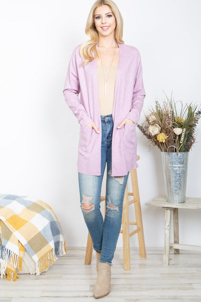 LAVENDER FRONT POCKET OPEN CARDIGAN