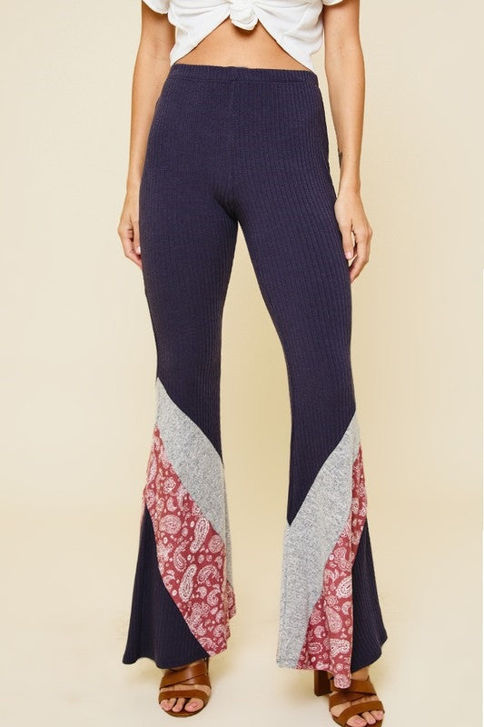 NAVY PAISLEY CONTRAST BOOT CUT PANTS