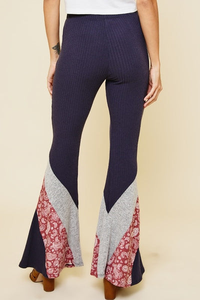 NAVY PAISLEY CONTRAST BOOT CUT PANTS