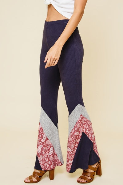 NAVY PAISLEY CONTRAST BOOT CUT PANTS