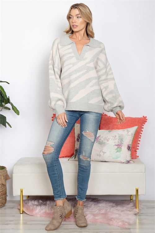 S6-7-1-S12W2294-HEATHER GREY ANIMAL PRINTED PUFF SLEEVE SWEATER 2-2-2