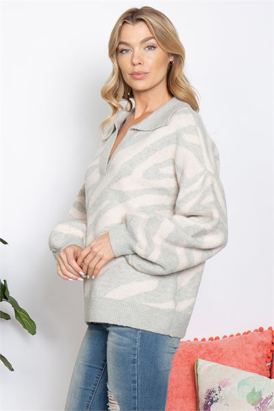 S6-7-1-S12W2294-HEATHER GREY ANIMAL PRINTED PUFF SLEEVE SWEATER 2-2-2