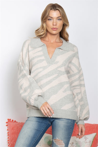 S6-7-1-S12W2294-HEATHER GREY ANIMAL PRINTED PUFF SLEEVE SWEATER 2-2-2