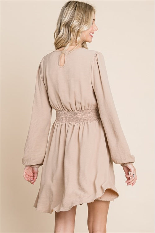 TAN LONG SLEEVE ROUND NECK SMOCK WAIST DRESS 1-2-2-1