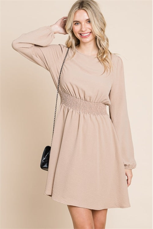 TAN LONG SLEEVE ROUND NECK SMOCK WAIST DRESS 1-2-2-1