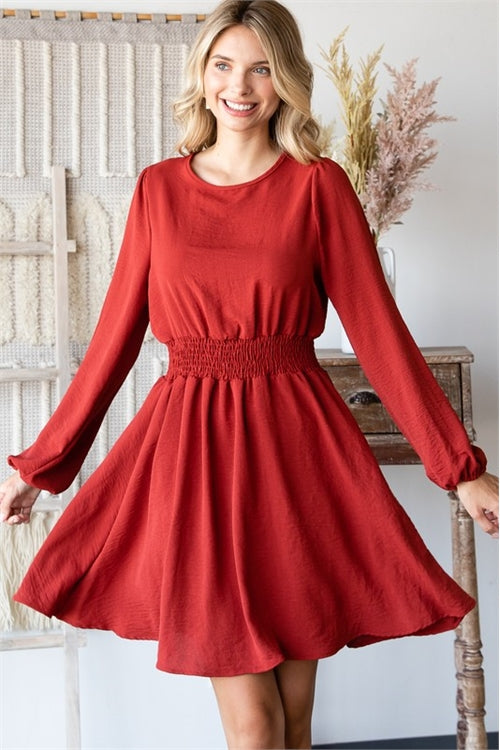 RUST LONG SLEEVE ROUND NECK SMOCK WAIST DRESS 1-2-2-1