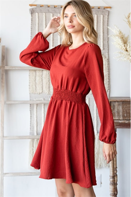 RUST LONG SLEEVE ROUND NECK SMOCK WAIST DRESS 1-2-2-1