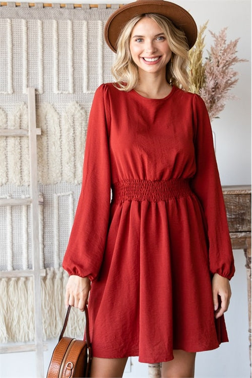 RUST LONG SLEEVE ROUND NECK SMOCK WAIST DRESS 1-2-2-1