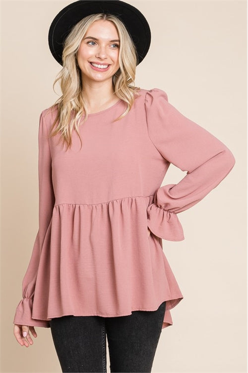 MAUVE ROUND NECK FLOUNCE SLEEVE BLOUSE 1-2-2-1