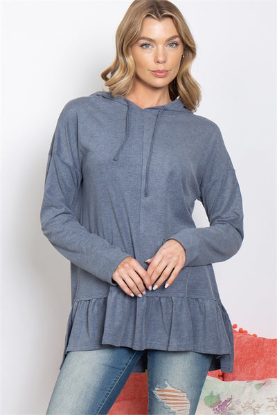 DENIM LONG SLEEVE RUFFLE HEM HOODIE TOP 2-2-2