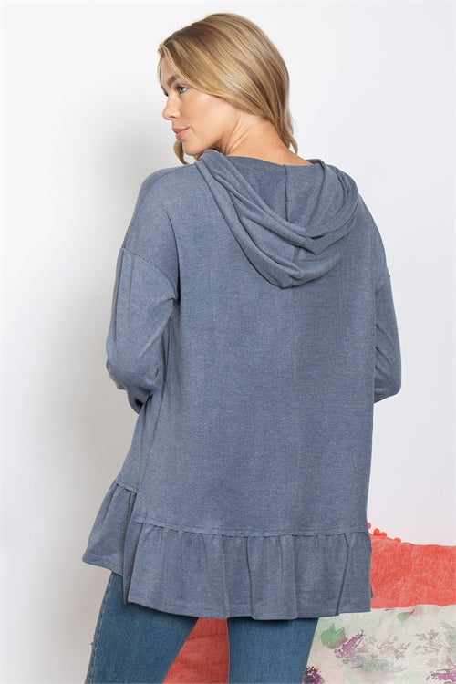 DENIM LONG SLEEVE RUFFLE HEM HOODIE TOP 2-2-2