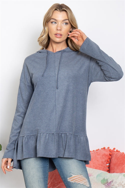 DENIM LONG SLEEVE RUFFLE HEM HOODIE TOP 2-2-2