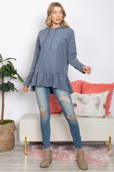 DENIM LONG SLEEVE RUFFLE HEM HOODIE TOP 2-2-2