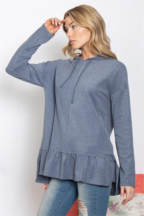 DENIM LONG SLEEVE RUFFLE HEM HOODIE TOP 2-2-2