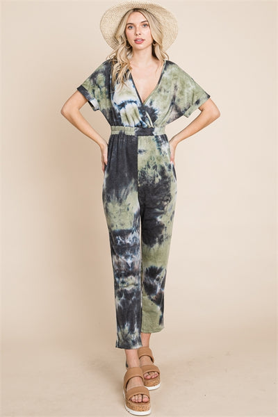 OLIVE SURPLICE NECKLINE FRENCH TERRY JUMPSUIT 2-2-2