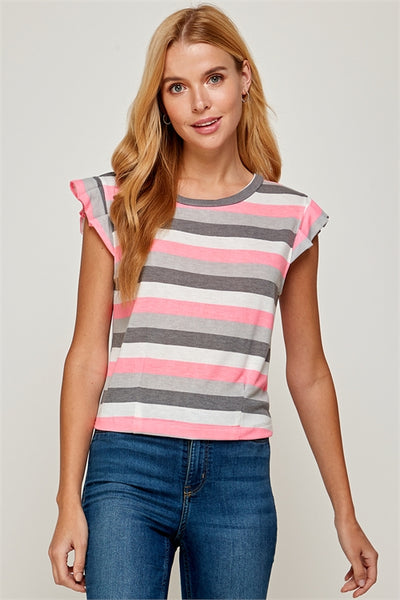 PINK/CHARCOAL MULTI STRIPE RUFFLE CAP SLEEVE TOP-2-2-2 (NOW $4.00 ONLY!)