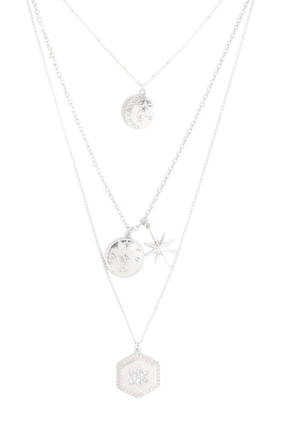 3 LAYERED MOON STAR CUBIC COIN PENDANT NECKLACE SET -