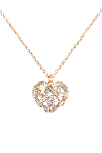 HEART BAGUETTE CUBIC PAVE PENDANT BRASS NECKLACE