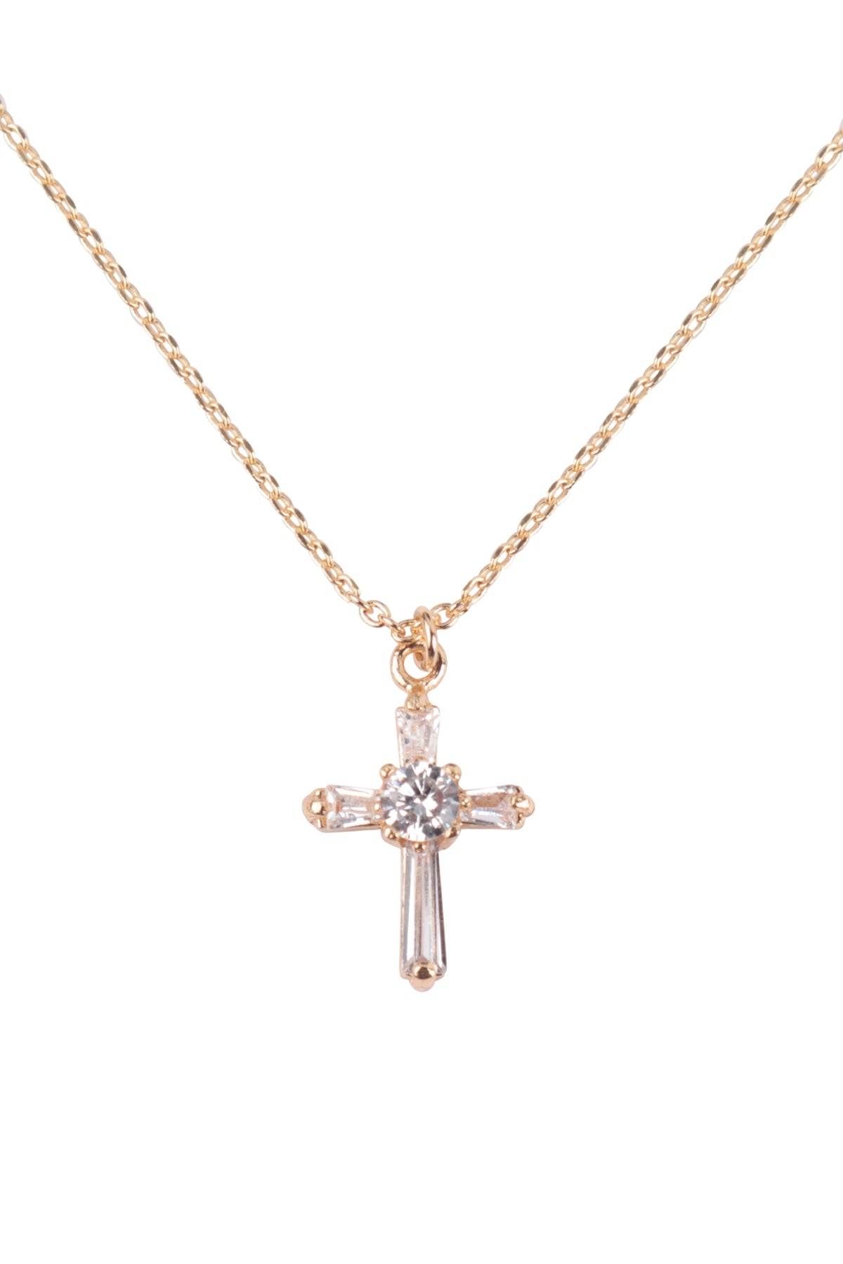 CENTER STONE CUBIC ZIRCONIA CROSS PENDANT BRASS NECKLACE