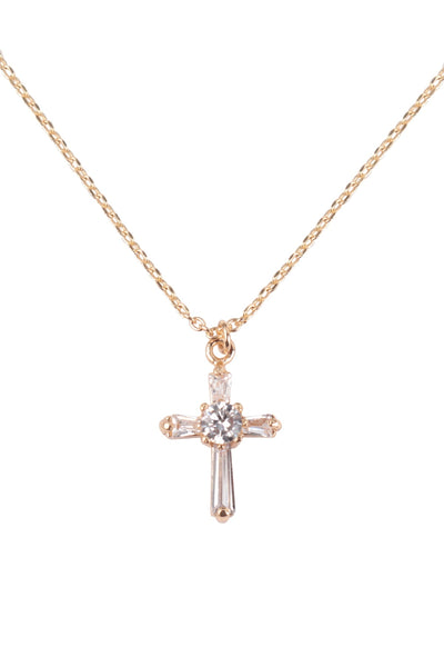 CENTER STONE CUBIC ZIRCONIA CROSS PENDANT BRASS NECKLACE