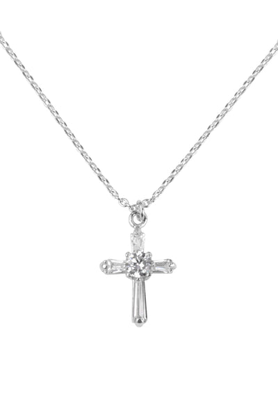 CENTER STONE CUBIC ZIRCONIA CROSS PENDANT BRASS NECKLACE