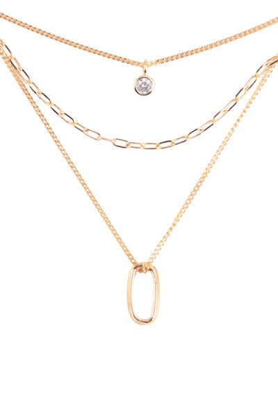 3 LAYERED CUBIC OVAL RING PENDANT BRASS NECKLACE