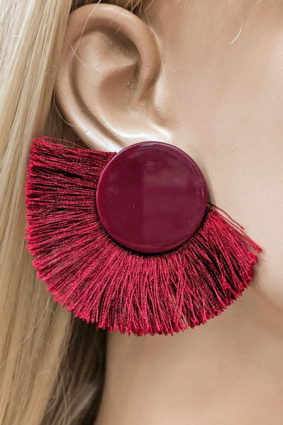 BURGUNDY BUTTON STYLE WITH MATCHING COLOR TASSEL EARRINGS/3PAIRS
