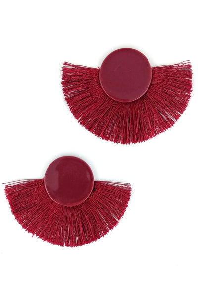BURGUNDY BUTTON STYLE WITH MATCHING COLOR TASSEL EARRINGS/3PAIRS