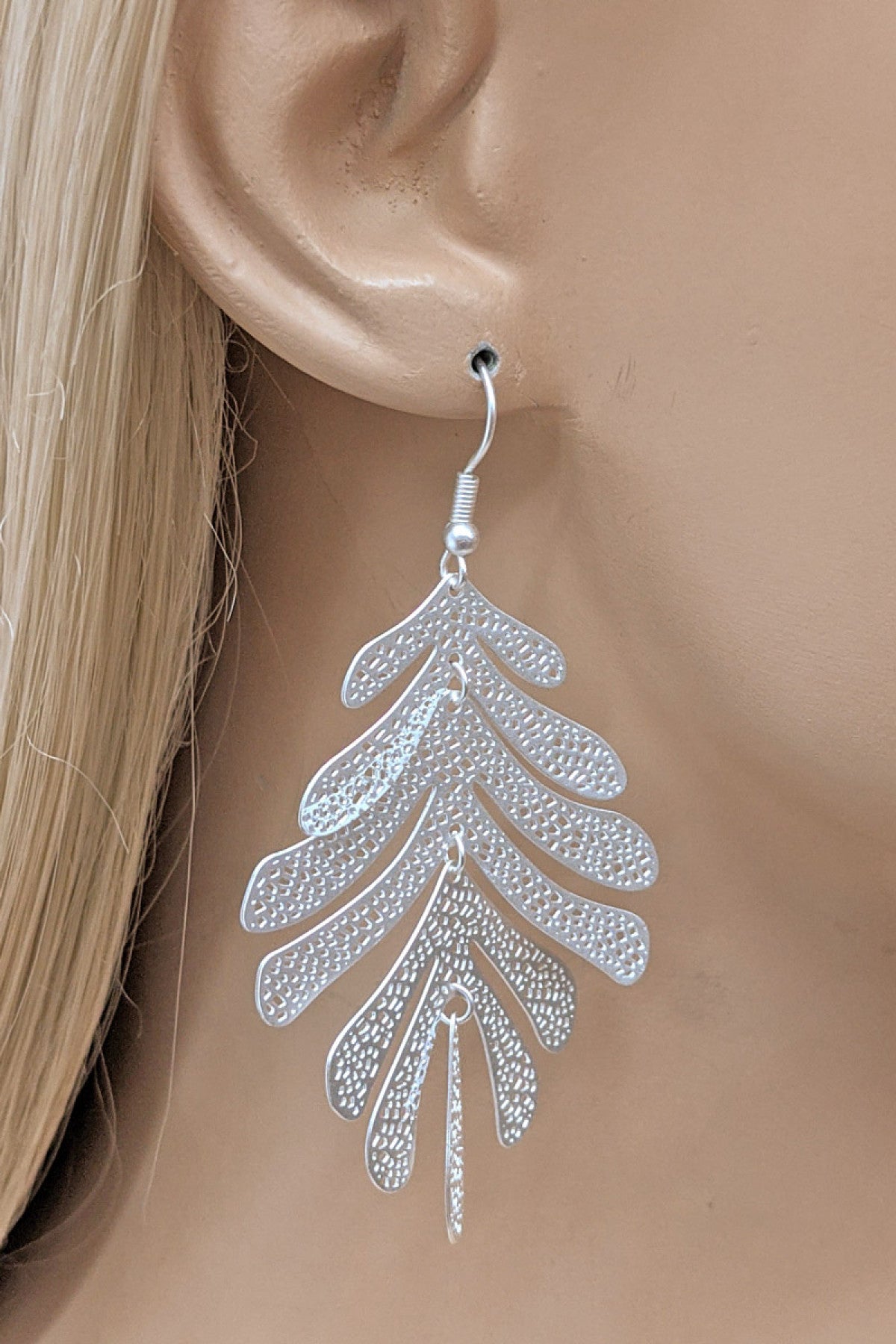 MATTE SILVER MULTI STRAND LEAF DROP EARRINGS/3PAIRS