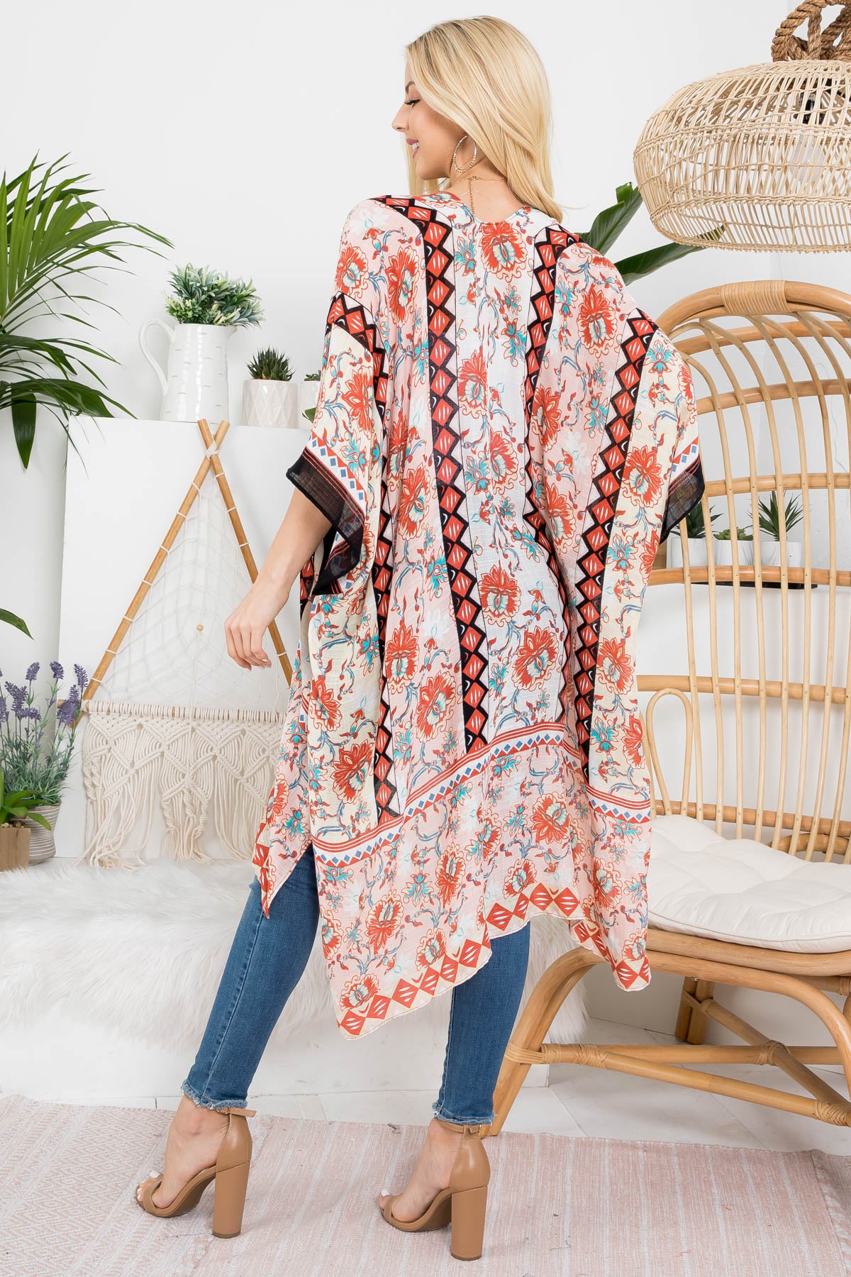 FLORAL PRINT KNEE LENGTH BOHO KIMONO