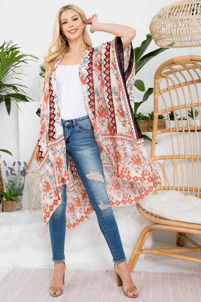 FLORAL PRINT KNEE LENGTH BOHO KIMONO