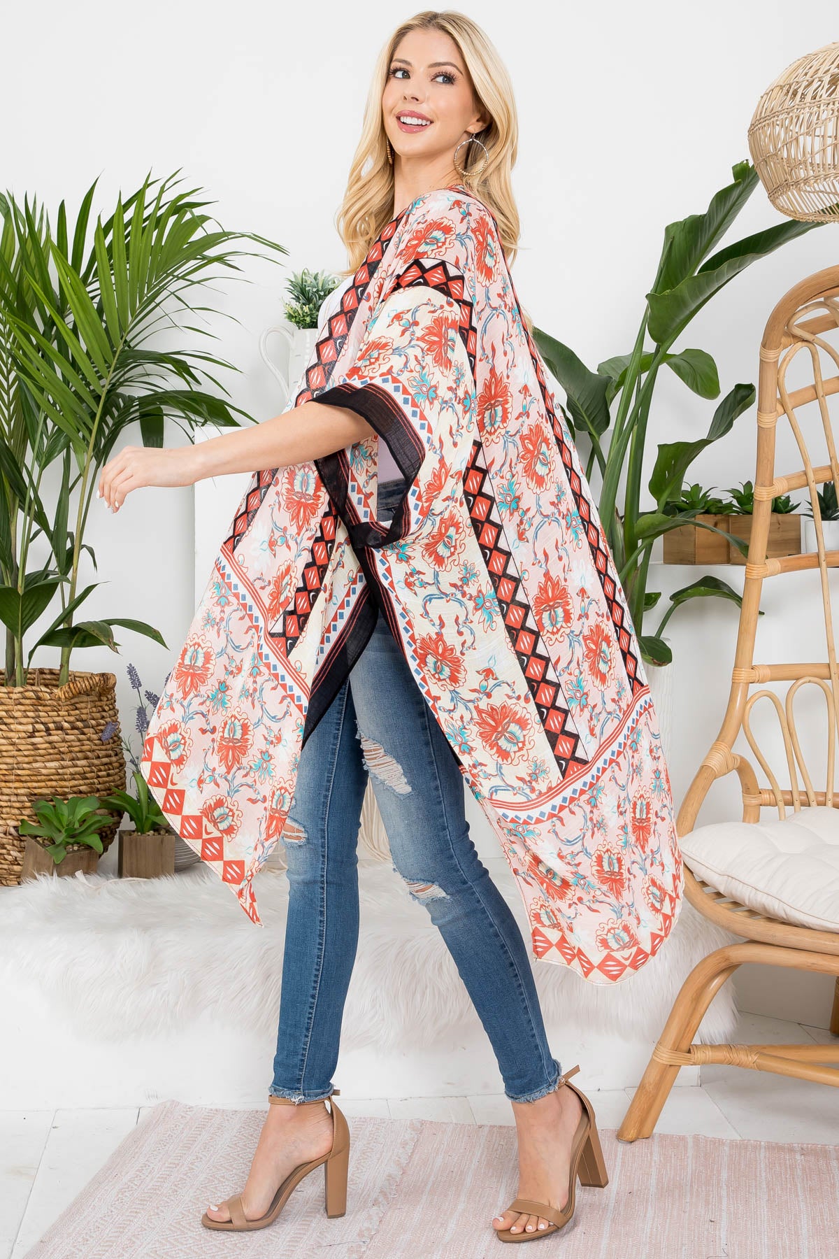 FLORAL PRINT KNEE LENGTH BOHO KIMONO