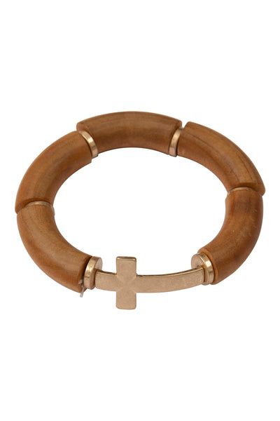 TUBULAR WOOD BEAD CROSS STRETCH BRACELET (NOW $4.00 ONLY!)