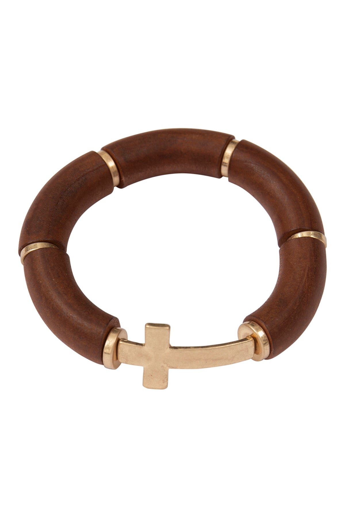 TUBULAR WOOD BEAD CROSS STRETCH BRACELET (NOW $4.00 ONLY!)