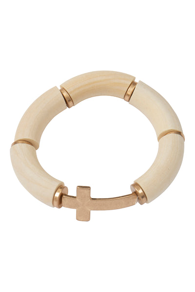 TUBULAR WOOD BEAD CROSS STRETCH BRACELET (NOW $4.00 ONLY!)