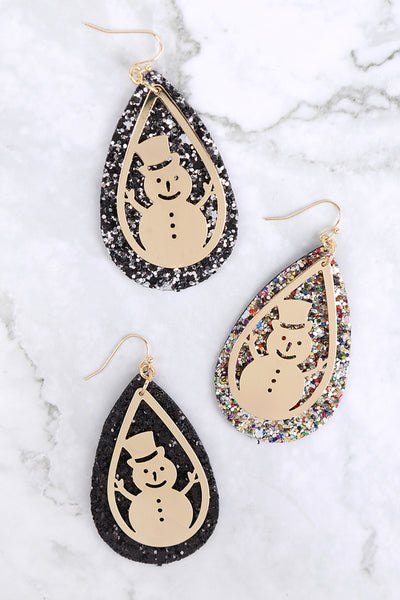 GLITTER CHRISTMAS SNOWMAN LAYERED TEARDROP EARRINGS