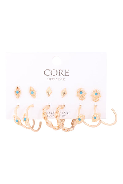 6 SET METAL HOOP TEXTURED EVIL EYE EARRINGS
