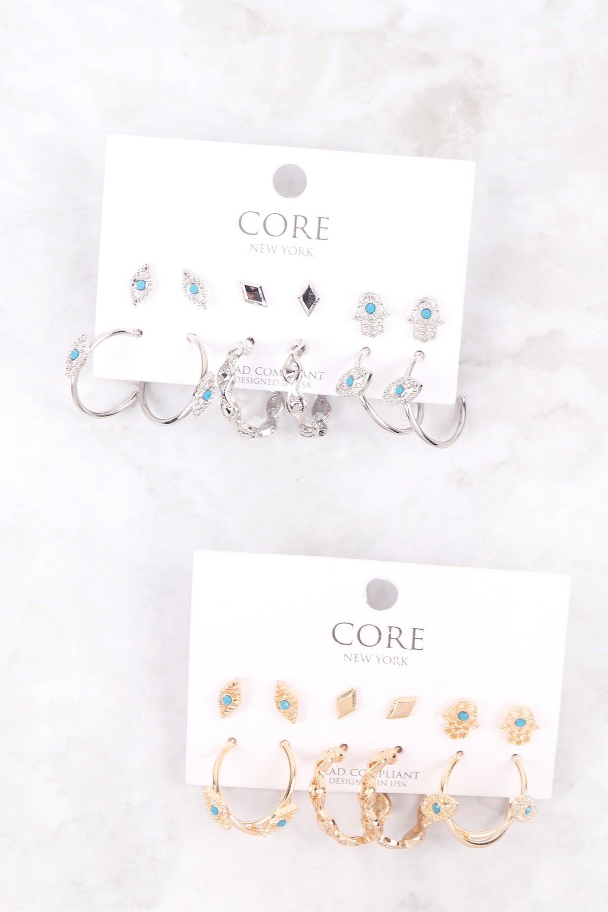6 SET METAL HOOP TEXTURED EVIL EYE EARRINGS