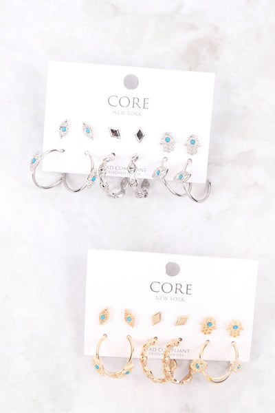 6 SET METAL HOOP TEXTURED EVIL EYE EARRINGS