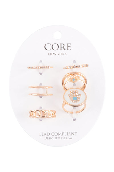 HAMSA CHAIN CUBIC SIGNET MULTI STACKABLE RING SET